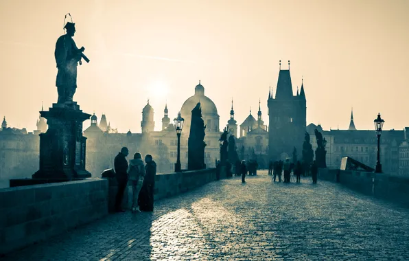 People, morning, Prague, Czech Republic, Charles bridge