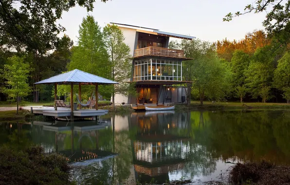 Picture forest, the sky, grass, trees, nature, lake, house, boat