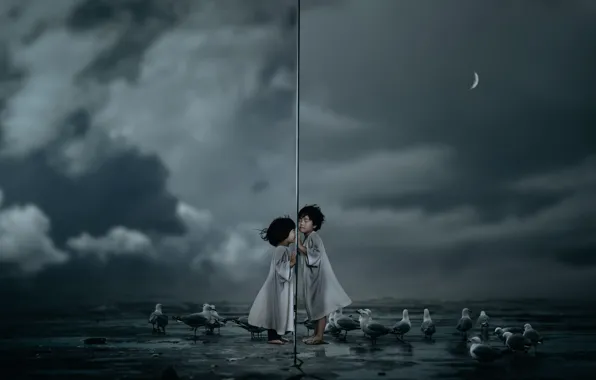 Sea, dream, glass, clouds, birds, children, rendering, fantasy