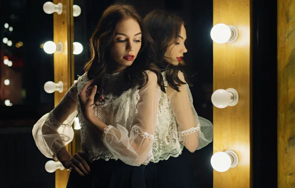 Pose, reflection, model, mirror, blouse, light bulb, Sergey Fat, Sergey Zhirnov