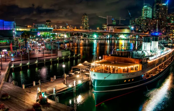 Night, bridge, building, ships, skyscrapers, Australia, lights, pierce