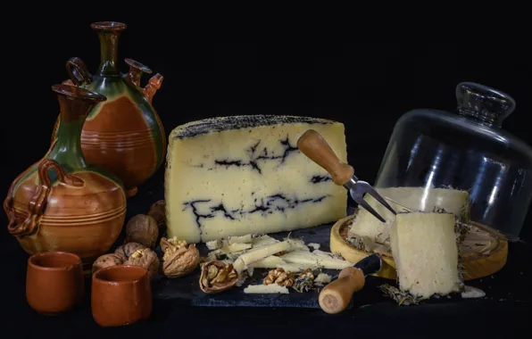 Cheese, dishes, nuts, mold