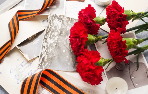 Flowers, holiday, candles, victory day, St. George ribbon, May 9