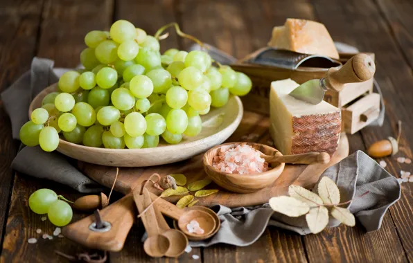 Autumn, white, leaves, cheese, grapes, dishes, spoon, bunches