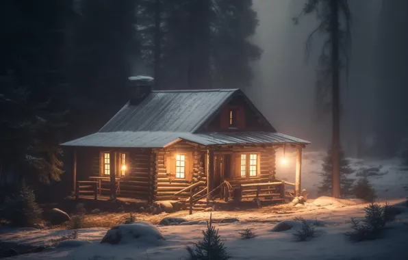 Winter, forest, light, snow, trees, night, nature, comfort