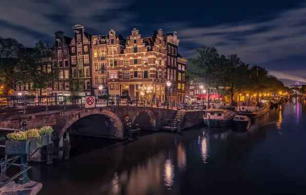 Night, bridge, street, Amsterdam, architecture