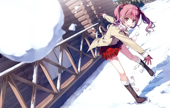 Winter, girl, snow, nature, house, anime, art, kantoku