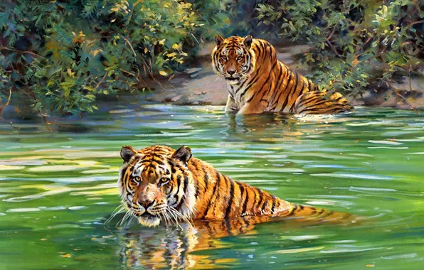 Painting, tigers, river, Donald Grant