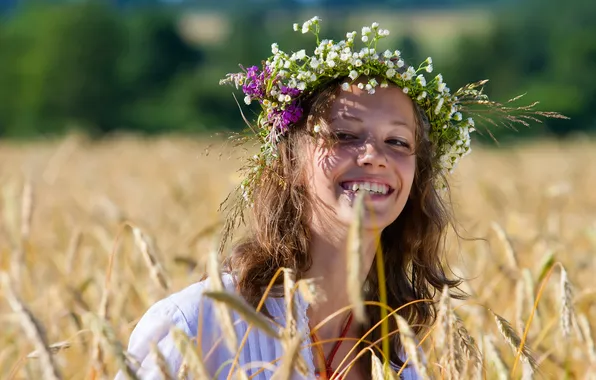 Field, girl, wreath, Russian