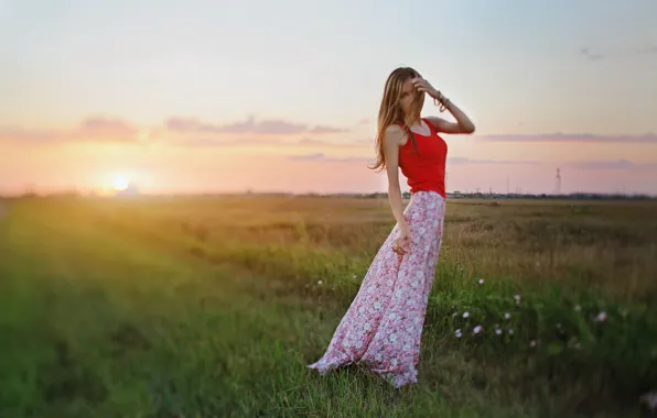 Field, girl, the sun, sunset, flowers, bracelet