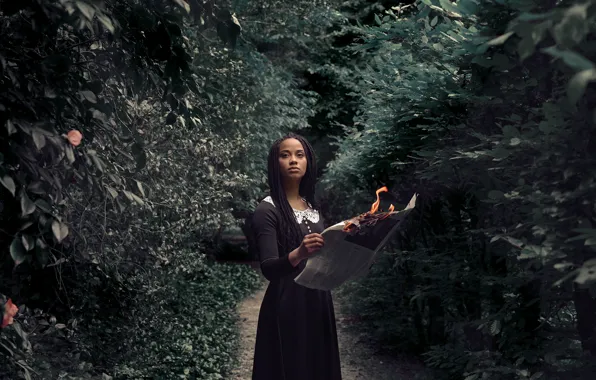 Girl, lights, newspaper