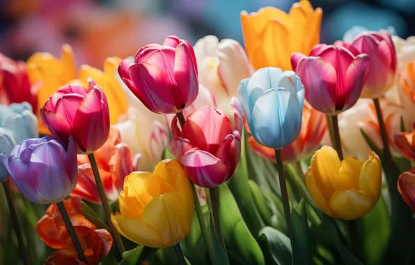 Light, flowers, spring, tulips, flowerbed, colorful, AI art, neural network