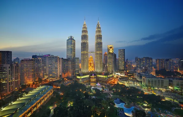 The sky, lights, Park, horizon, twilight, Malaysia, Kuala Lumpur, twin towers Petronas