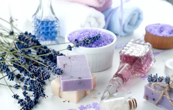 Towel, perfume, soap, cosmetics, lavender, salt