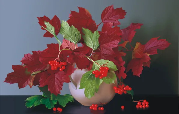 Picture autumn, leaves, berries, vase, still life, Kalina, the crimson