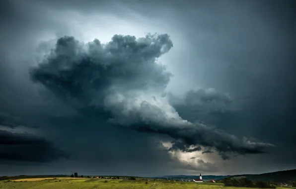 The storm, field, the sky, clouds, storm, Church, hurricane