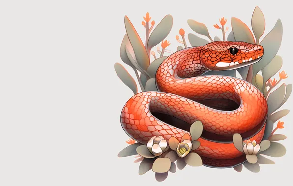 Leaves, flowers, snake, plants, texture, snakes, red, light background