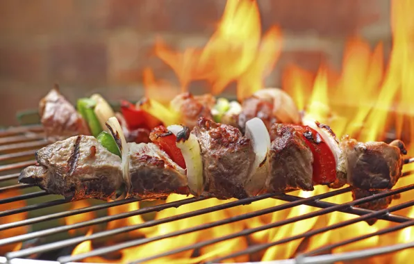 Fire, meat, kebab, grill