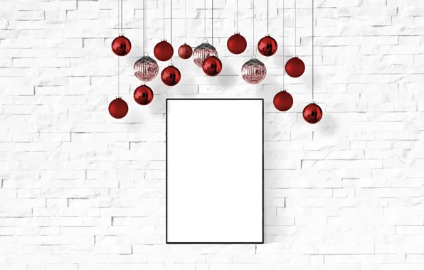 Red, hanging, balls, wall, winter, Christmas, white background, frame