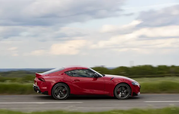 Picture road, red, movement, coupe, Toyota, Supra, the fifth generation, in profile