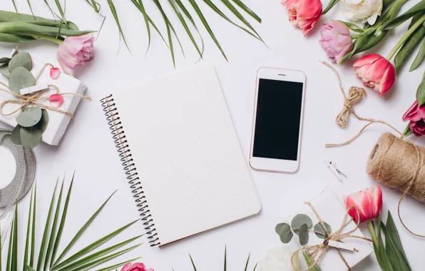 Gift, Flowers, Notepad, phone