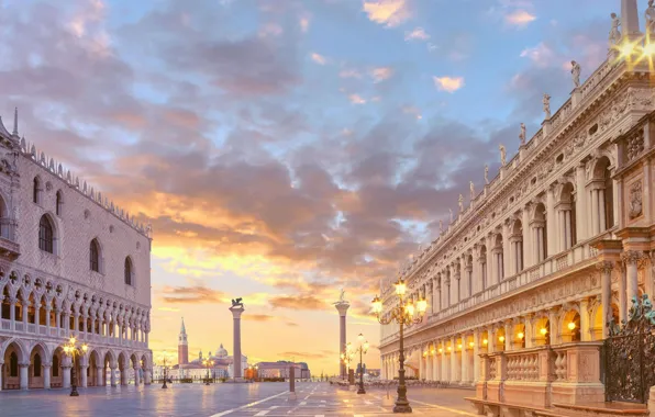 The evening, area, lights, Italy, Venice, San Marco, column, the Doge's Palace