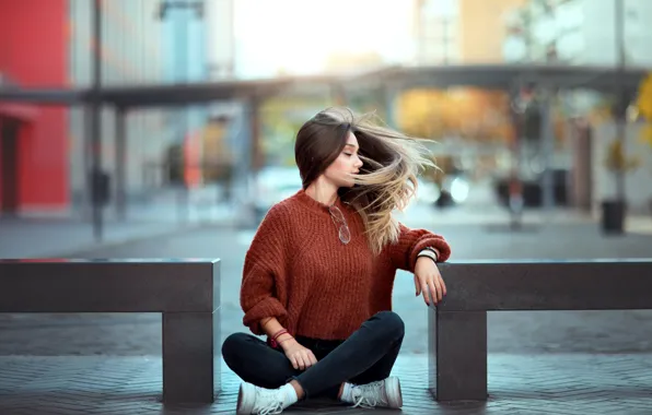 Girl, the city, street, tile, jeans, glasses, brown hair, the sidewalk