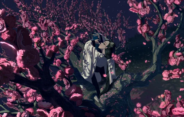 Picture girl, night, Sakura, art, Monkey, yuliuyang