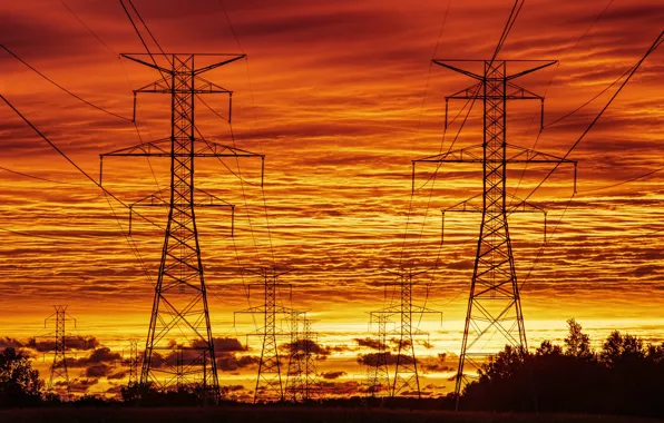 Sunset, night, power lines
