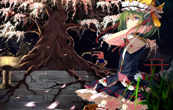 Picture grass, weapons, girls, tree, hat, anime, Sakura, art
