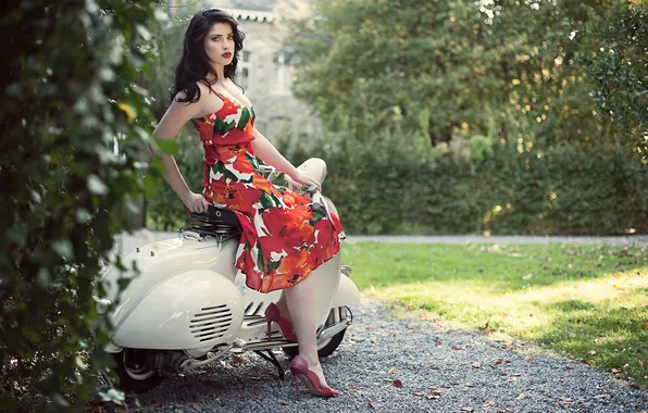 Summer, girl, face, hair, dress, brunette, scooter