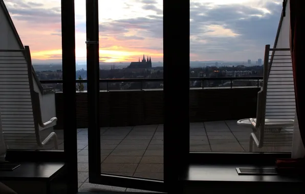 The sky, the sun, dawn, Windows, chairs, morning, room, door