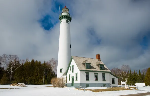 Winter, the sky, clouds, snow, trees, house, lighthouse