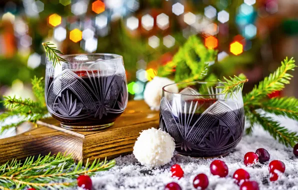 Snow, branches, lights, glare, berries, wine, glasses, Christmas