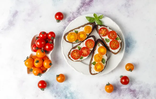 Plate, light background, tomatoes, cheese, cherry, sandwiches, appetizer, Basil