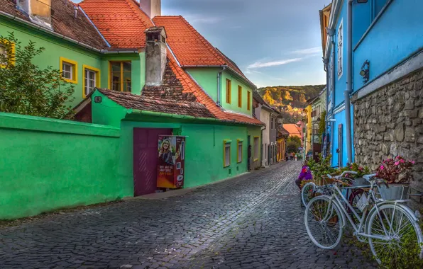 The city, home, bridge, street, bikes, Romania, Transylvania, Sighisoara