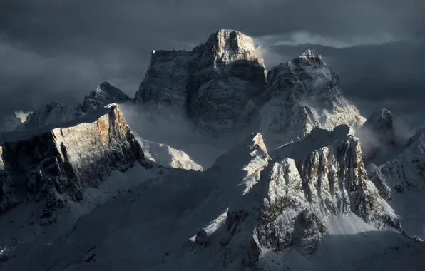 Winter, clouds, light, snow, mountains, Alps