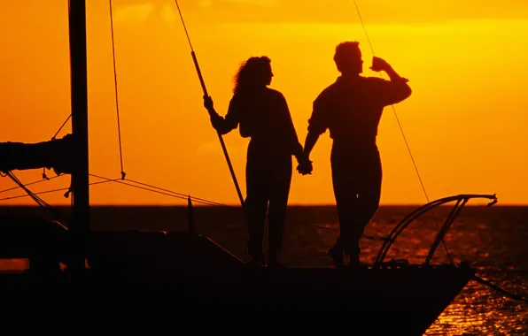 Sea, love, sunset, romance, yacht, pair