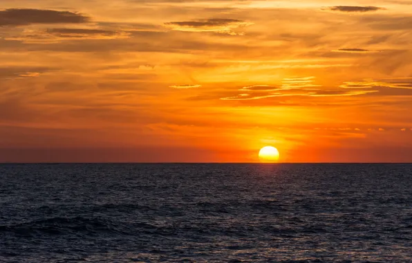 Picture sea, orange sky, horizon, sunset