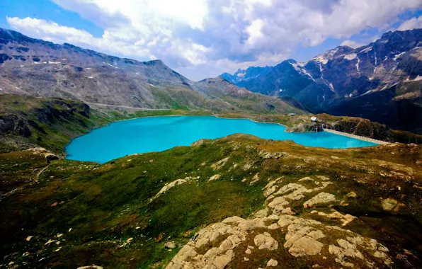The sky, grass, clouds, snow, mountains, lake