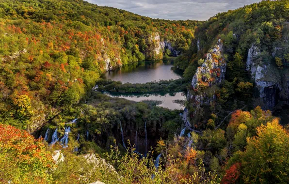 Autumn, forest, mountains, rocks, waterfalls, Croatia, lake, Croatia