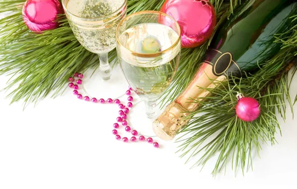 Branches, bottle, glasses, champagne, jewelry.