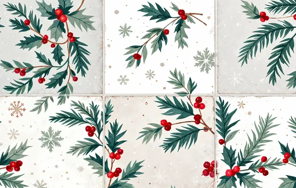 Winter, snowflakes, branches, berries, tile, texture, fruit, Christmas