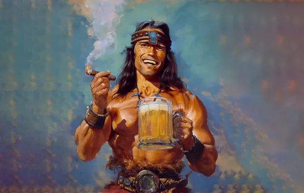 Picture Conan, smile, Arnold Schwarzenegger, cigar, Conan the Barbarian, beer, art