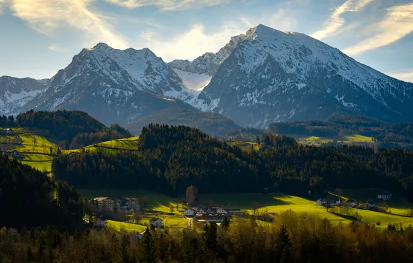 The sun, clouds, trees, mountains, nature, field, home, forest