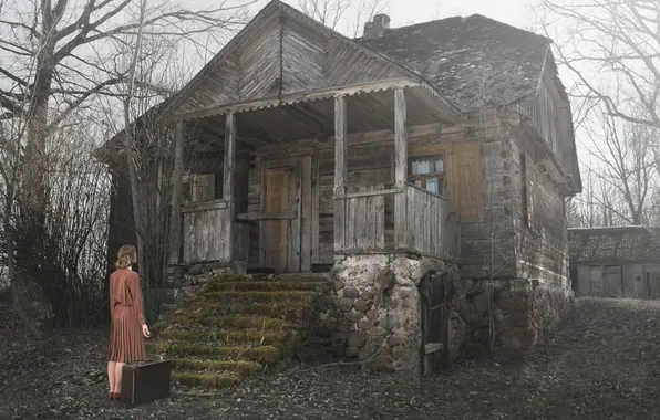 Girl, house, suitcase