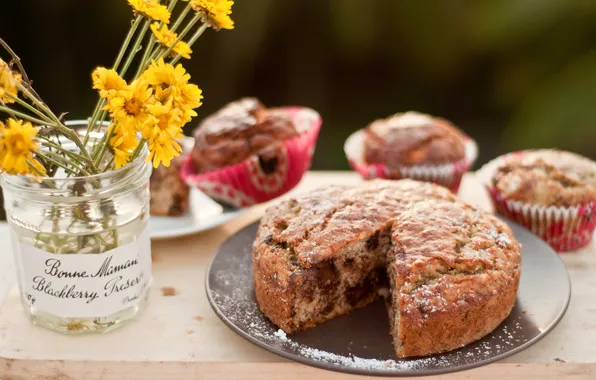 Flowers, table, background, Wallpaper, food, plate, Bank, cakes