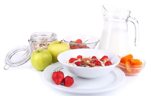 Picture cereal, muesli with milk and fruit and fresh berries, Healthy Breakfast