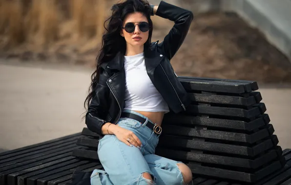 Girl, pose, jeans, brunette, glasses, jacket, long hair, Dmitry Shulgin