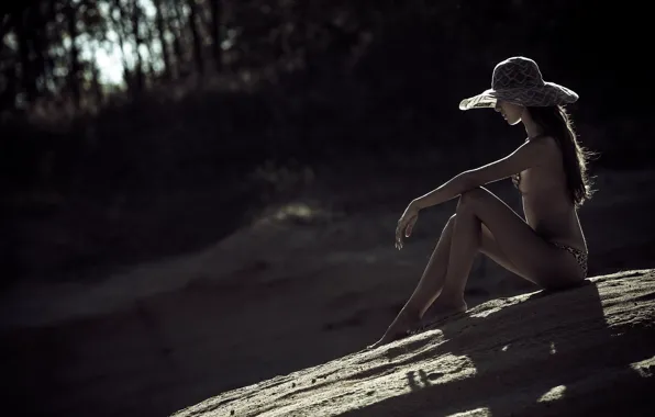 Girl, panties, legs, hat, model, sand, brunette, breasts